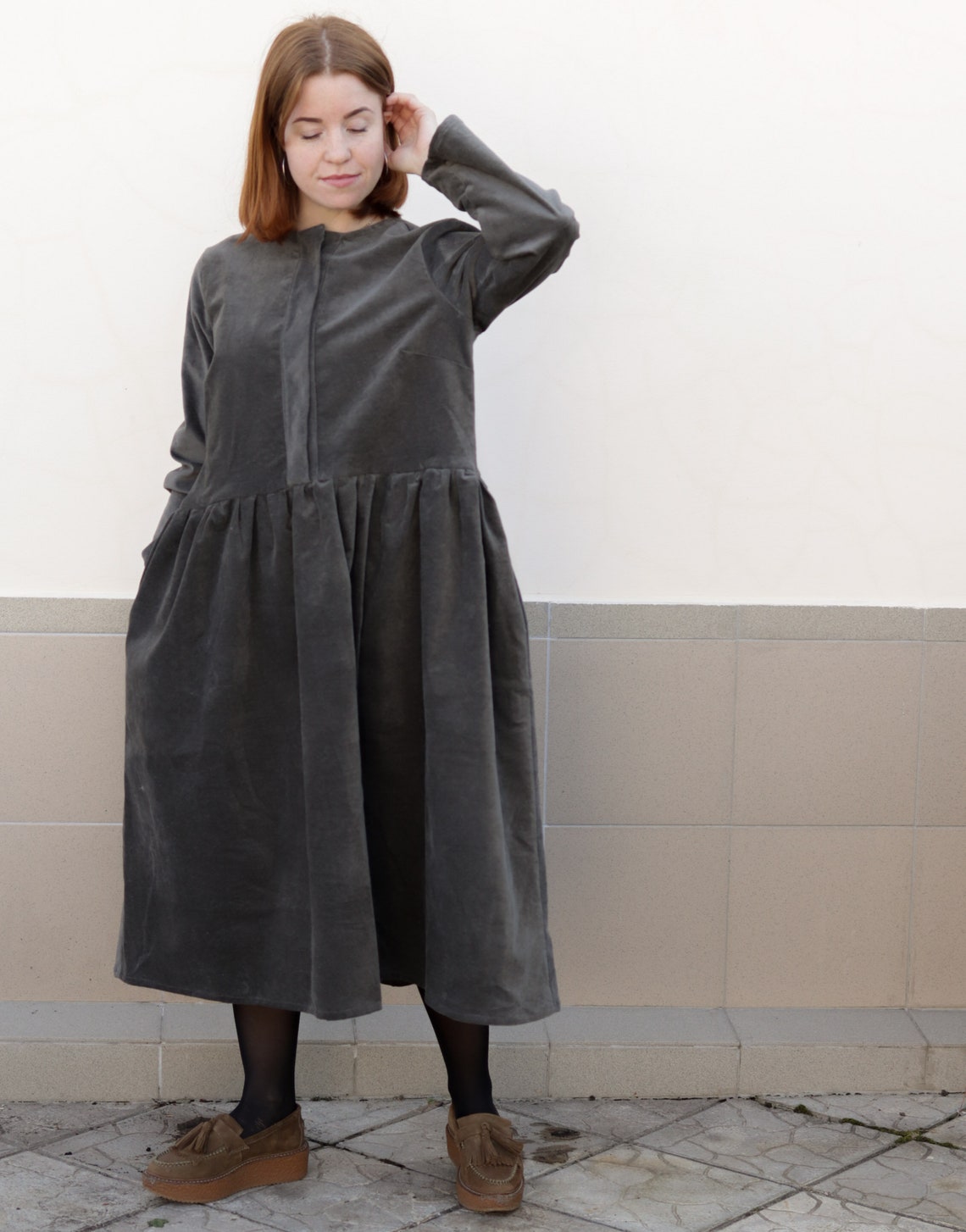 Corduroy loose fit dress in grey Etsy