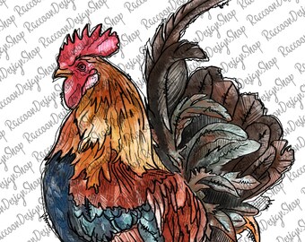 May include: A watercolor illustration of a rooster with a red comb and wattle. The rooster is standing with its tail feathers spread out behind it. The feathers are a mix of blue, green, and brown.
