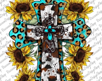 Sunflower Cross Png Sublimation Design Downloads, Cowhide Cross Png, Cross Png, Western Cross Png, Cross Clipart, Sunflower Cross Design