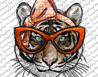 May include: A watercolor illustration of a tiger wearing orange sunglasses and a red and white polka dot bow. The tiger's face is drawn in a cartoon style with large eyes and a pink nose.
