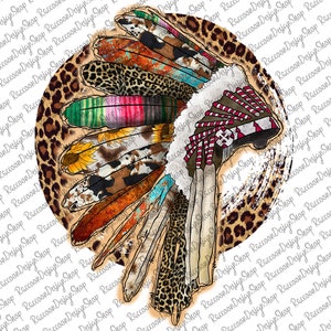 May include: A colorful Native American headdress with feathers in various patterns, including leopard print, cowhide, and sunflowers. The headdress is set against a leopard print background.