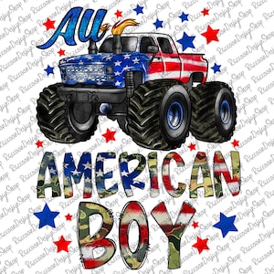 May include: A red, white, and blue monster truck with the words "All American Boy" in camouflage and American flag patterns.
