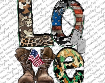 Archivo PNG de brazo de amor, PNG de veterano, patrón de camuflaje, piel de vaca, botas militares, bandera estadounidense, descarga digital, diseño de sublimación de veterano de amor