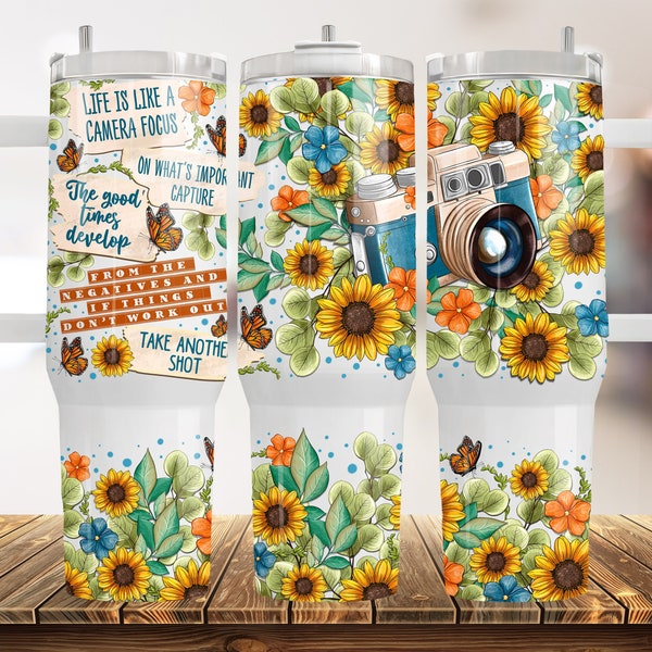 Photographer 40oz Tumbler Wrap - PNG Tumbler Design Sublimation Designs Downloads -Camera Sunflower Sublimation Tumbler with Handle Wrap