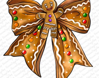 May include: A gingerbread man cookie is in the center of a brown bow with white frosting and colorful sprinkles. The bow is tied in a knot and the gingerbread man is smiling.
