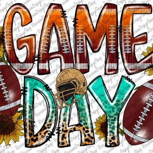 May include: A digital illustration of the words "GAME DAY" in a colorful, layered style. The letters are decorated with football patterns and textures. The image also includes sunflowers, footballs, and a football helmet.