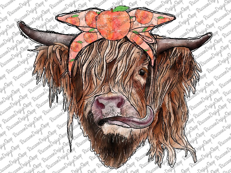 Op de afbeelding: Een aquarel-illustratie van een Highland-koe met een perzikkleurig bandana met perzikplakjes erop. De koe heeft een bruin en wit gezicht en kijkt naar rechts. De tong van de koe steekt uit.