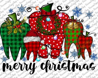 May include: Four cartoon teeth decorated for Christmas. The front tooth is red with white polka dots and a green wreath with red berries. The tooth on the left is green with a red and green plaid pattern. The tooth on the right is red with a red and green plaid pattern. The tooth in the back is red with a red and green plaid pattern and a Santa hat. The teeth are surrounded by snowflakes and the text "merry christmas".