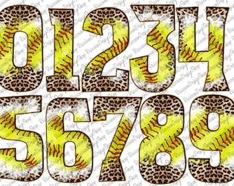 Softball Number Png,Softball Letters PNG with Leopard and Ball Stitching Background Pattern Fills, Chenille, Sports Clipart Alphabet Font