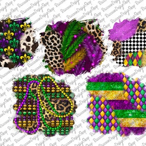 May include: Five digital paper designs featuring Mardi Gras themes. The designs include purple, green, and gold colors with patterns of beads, feathers, fleur-de-lis, and leopard print.