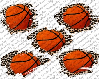 May include: Five orange basketballs with black lines are shown on a white background. Each basketball is surrounded by a brown and black leopard print pattern. The pattern is in a distressed, paint-splattered style.