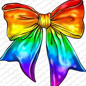 May include: A rainbow-coloured bow with a yellow centre. The bow is made of a shiny, satin-like material and has a watercolour effect.