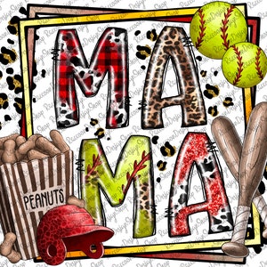 May include: A colorful graphic design with the word "MAY" in large letters. The letters are decorated with different patterns, including plaid, leopard print, and cow print. There are also baseball bats, a baseball cap, and a bag of peanuts in the image.