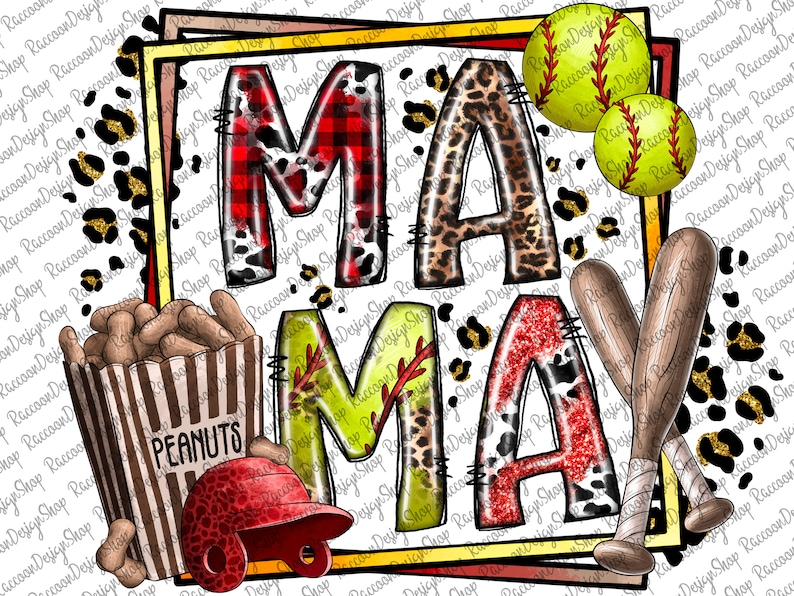 May include: A colorful graphic design with the word "MAY" in large letters. The letters are decorated with different patterns, including plaid, leopard print, and cow print. There are also baseball bats, a baseball cap, and a bag of peanuts in the image.
