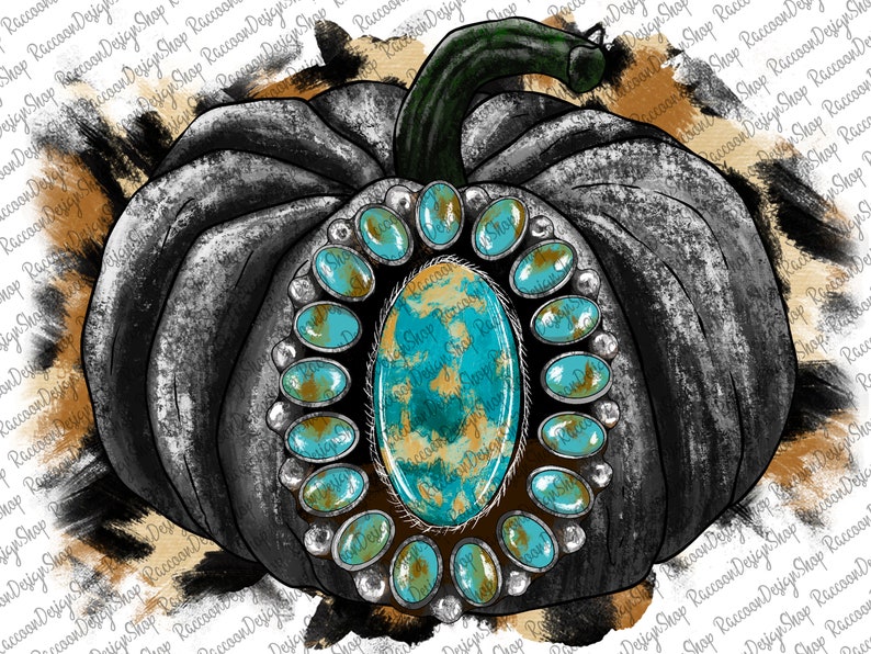 Puede incluir: Una calabaza negra y gris con un dise&ntilde;o de piedras preciosas turquesa y doradas. La calabaza est&aacute; decorada con una gran piedra preciosa turquesa en el centro y rodeada de piedras preciosas turquesa m&aacute;s peque&ntilde;as.