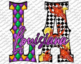 May include: A purple, green, and gold patterned letter "I" and a black and white checkered letter "A" with crawfish and lemons. The letters are surrounded by the word "Louisiana" in a sparkly purple font.