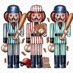 Könnte beinhalten: Drei Nussknacker-Figuren, die als Baseballspieler verkleidet sind. Der Nussknacker links trägt eine blau-weiß gestreifte Uniform mit einer blauen Baseballkappe. Der Nussknacker in der Mitte trägt eine rot-weiß gestreifte Uniform mit einer roten Baseballkappe. Der Nussknacker rechts trägt eine grün-weiß gestreifte Uniform mit einer blauen Baseballkappe. Jeder Nussknacker hält einen Baseballschläger oder einen Handschuh. In der Mitte unten im Bild befindet sich eine Tüte Erdnüsse.