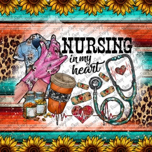 May include: A digital illustration of a nurse's uniform, stethoscope, coffee cup, and bandages with the text "NURSING in my heart". The background is a colorful striped pattern with a leopard print.