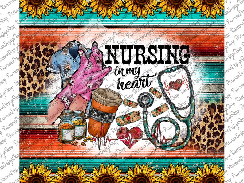 May include: A digital illustration of a nurse's uniform, stethoscope, coffee cup, and bandages with the text "NURSING in my heart". The background is a colorful striped pattern with a leopard print.