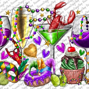 May include: A digital illustration of Mardi Gras themed items, including a purple, green, and gold mask, a purple and gold jester hat, a green cupcake with chocolate frosting and a cherry on top, a green and purple donut, a green and purple martini glass, a purple wine glass, a champagne flute, a red lobster, and a lime.