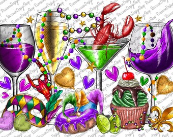 May include: A digital illustration of Mardi Gras themed items, including a purple, green, and gold mask, a purple and gold jester hat, a green cupcake with chocolate frosting and a cherry on top, a green and purple donut, a green and purple martini glass, a purple wine glass, a champagne flute, a red lobster, and a lime.