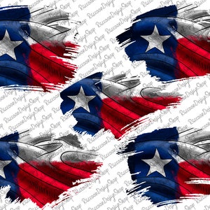 Puede incluir: Un patrón sin costuras que presenta una bandera de Texas de estilo acuarela desgastada. La bandera es roja, blanca y azul con una estrella blanca en la sección azul. El patrón es perfecto para telas, papel tapiz u otros proyectos creativos.