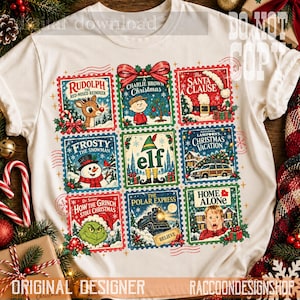 Puede incluir: Una camiseta de color crema con una cuadr&iacute;cula de nueve ilustraciones estilo sello postal que representan pel&iacute;culas navide&ntilde;as cl&aacute;sicas, incluyendo Rudolph el reno de la nariz roja, Charlie Brown, Santa Claus, Frosty el mu&ntilde;eco de nieve, Elf, National Lampoon's Christmas Vacation, El Grinch, El Expreso Polar y Mi pobre angelito.