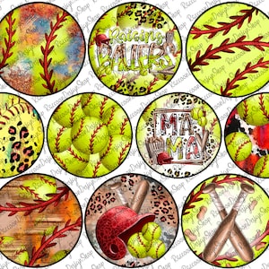 May include: Ten round, colorful, printed, softball-themed, sublimation blanks. The designs include baseball bats, a softball, a baseball helmet, and text that says "Raising Ballers" and "Mama May".