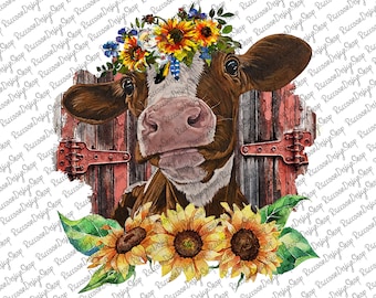 Cow with Sunflowers Watercolor Clipart, Farm PNG (Digital File)