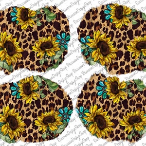 May include: Four digital designs featuring a leopard print background with sunflowers and turquoise jewels. The designs are in a circular shape with a distressed edge.