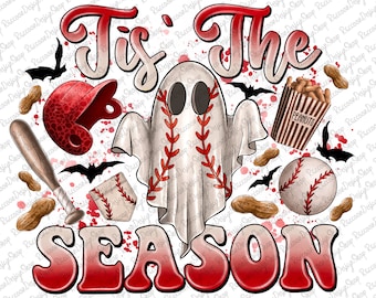 May include: A white ghost with a baseball design, a red baseball cap, a bat, a bag of peanuts, and a baseball. The text "Tis the Season" is in red and white.
