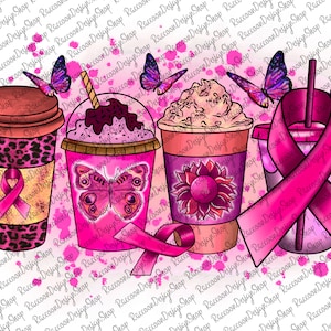 May include: Four pink and white coffee cups with pink butterfly and ribbon designs. The cups are decorated with pink and black leopard print, a pink butterfly, a pink flower, and a pink ribbon.