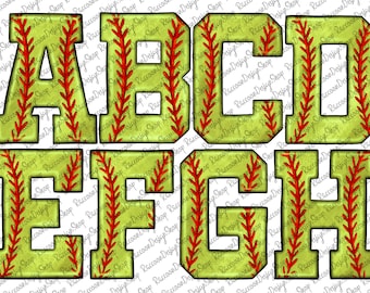 Softball Letters PNG with Leopard and Ball Stitching Background Pattern Fills, Chenille, Sports Clipart Alphabet Font for Digital Download