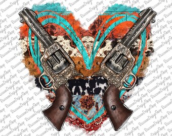 May include: Two silver revolvers with intricate engravings are crossed in the center of a heart-shaped design. The heart is made up of a patchwork of different patterns, including turquoise, orange, and brown.
