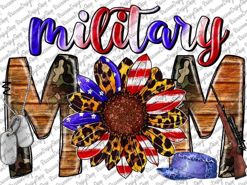 May include: A wood-grain letter "M" with camouflage print and a silver dog tag necklace. A sunflower with red, white, and blue petals and a leopard print centre. The word "military" is written in red, white, and blue letters. A blue military hat and a rifle are also included.