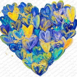 May include: A heart-shaped design made of blue, yellow, and purple painted hearts with gold glitter accents.