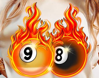 May include: White t-shirt with a graphic of two flaming billiard balls, one with the number 9 and the other with the number 8.