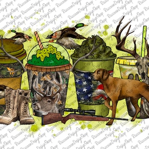 May include: Three different designs for a hunting-themed tumbler. The first tumbler has a camouflage pattern with a deer and a rifle. The second tumbler has a camouflage pattern with a duck and a pair of boots. The third tumbler has a camouflage pattern with a skull and antlers.