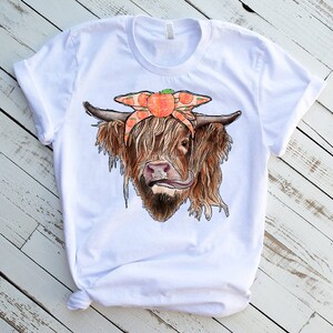 Op de afbeelding: Wit T-shirt met een bruine en witte Highland koe die een perzikkleurig hoofdband draagt met perzikplakjes.