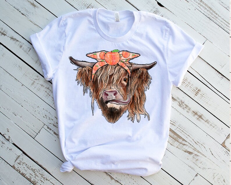 Op de afbeelding: Wit T-shirt met een bruine en witte Highland koe die een perzikkleurig hoofdband draagt met perzikplakjes.