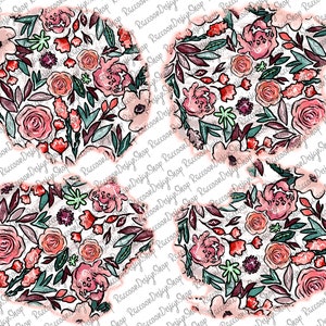 May include: Four pink, white, and green floral patterns with a white background. The patterns are arranged in a circle.