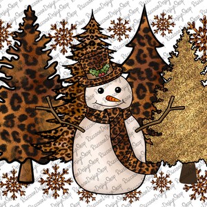 May include: A whimsical winter scene featuring a snowman with a carrot nose, twig arms, and a leopard print scarf and hat. The background includes leopard print and gold glitter Christmas trees, and snowflake accents. A festive holiday design.