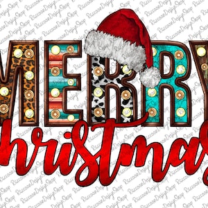 May include: A festive Christmas sign with the word "Merry" in bold, brown letters with light bulbs and different patterned backgrounds. The word "Christmas" is written in red cursive below the sign. A red Santa hat is positioned above the word "Merry".