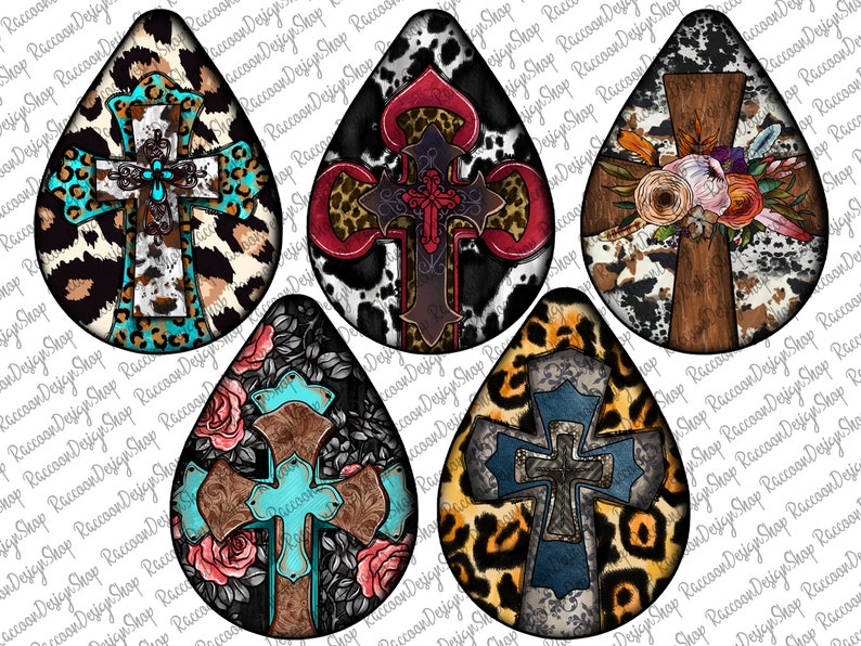 May include: Six teardrop-shaped resin blanks with different designs featuring crosses, flowers, and animal print patterns. The crosses are in various colours, including turquoise, brown, and black. The animal prints include leopard, cow, and cheetah.