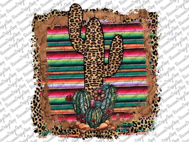 May include: A leopard print cactus with green and pink flowers on a colorful striped background. The background is surrounded by a leopard print border.