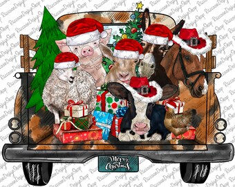 Camión de animales de granja navideños (PNG), Animales navideños, Descarga digital, PNG, Feliz Navidad, Navidad (PNG), Descargas de diseños de sublimación