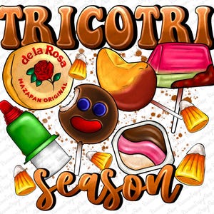 Può includere: Un'illustrazione colorata di vari dolciumi e caramelle, tra cui un lecca-lecca con un viso, una pesca, una barretta di cioccolato e una caramella con il testo "de la Rosa Mazapan Original". Il testo "Tricotri Season" è scritto in lettere marroni.