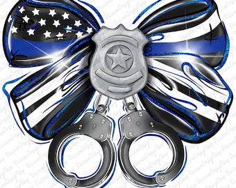 May include: A blue and black bow with a thin blue line, a silver police badge with a star, and black handcuffs. The bow is decorated with white and black stripes.