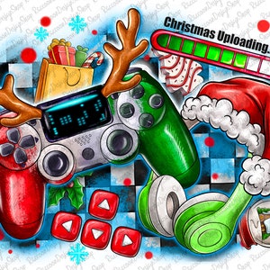 May include: A digital illustration of a video game controller with reindeer antlers, a Santa hat, headphones, and a progress bar that reads "Christmas Uploading..." The background is a blue and white chequered pattern with red dots and snowflakes.