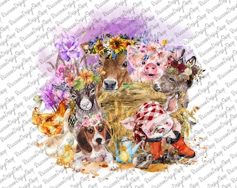 Farm Animal Flower Watercolor, Farmer Png, Farmer Design,Farm Watercolor Clipart,Farm clipart, Farm Animals Clipart, Sublimation Design